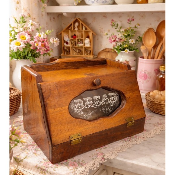 Handmade Other - Vintage Wooden Dutch' Bread Box w/ Glass Window 13x10x15.5" Granny Cottage Core